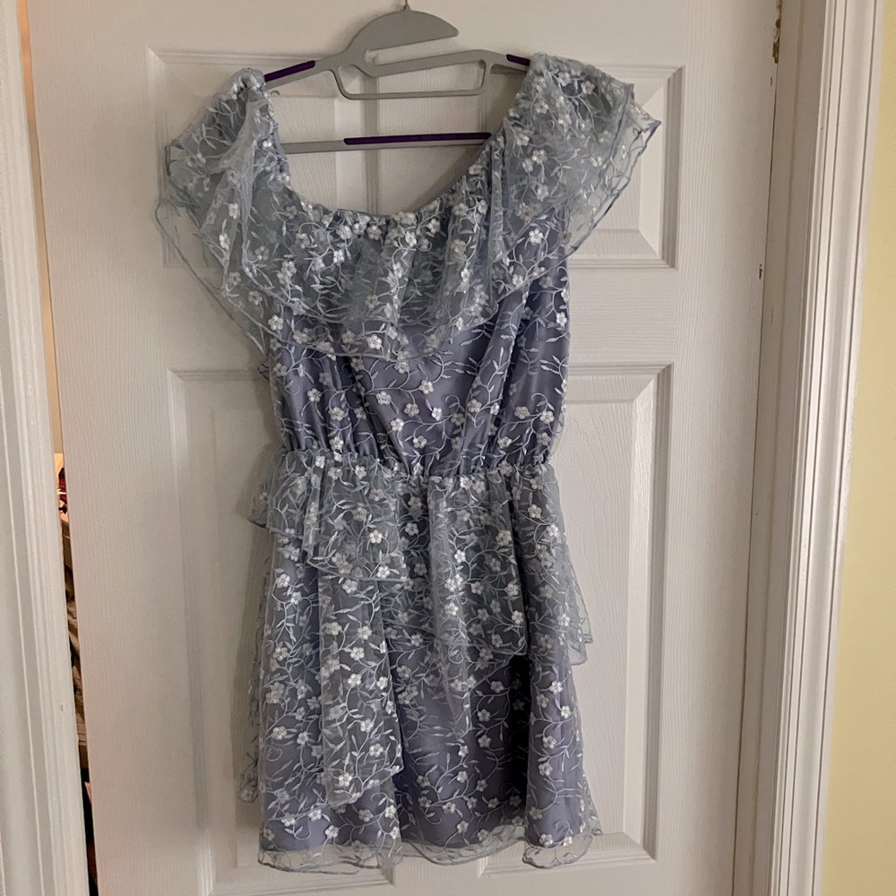 Majorelle light blue flowered tiered mini dress with one shoulder detail